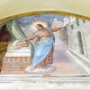Christus erscheint Franziskus im Traum und verspricht ihm ein mit dem Zeichen des Kreuzes geschmücktes Haus