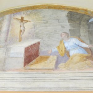 Offenbarung Christi in San Damiano; er spricht zu Franziskus und weist ihn an, seine verfallene Kirche wieder aufzubauen.