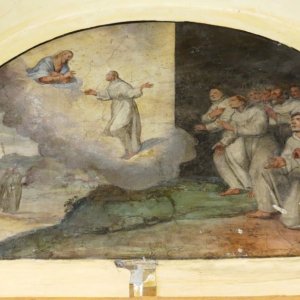 Franziskus wird während des Gebets zu Jesus Christus vor seinen Gefährten auf eine Wolke entrückt