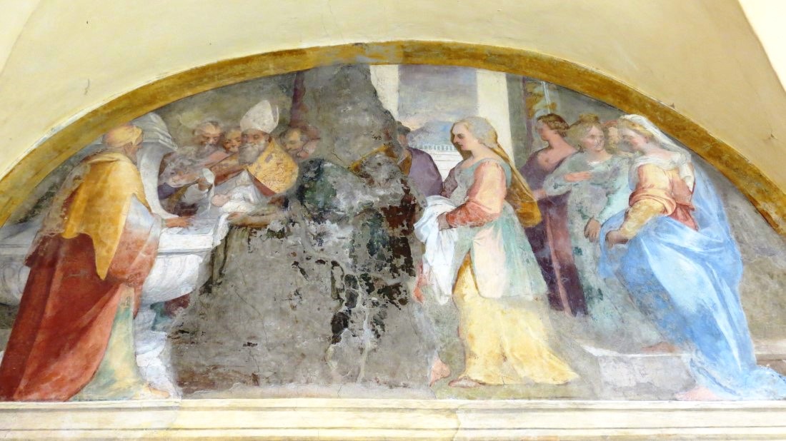 Franziskus' Taufe in Gegenwart des zu seiner Geburt unerwartet hinzugekommenen Pilgers