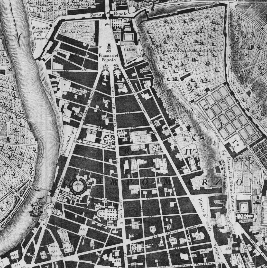 Map of northern Rome Piazza del Popolo by Nolli